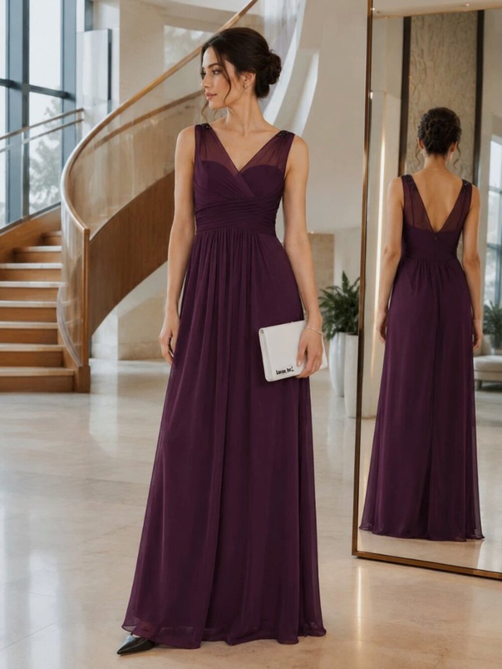 Adrianna Papell Ruched Embellished Gown Dress in Purple